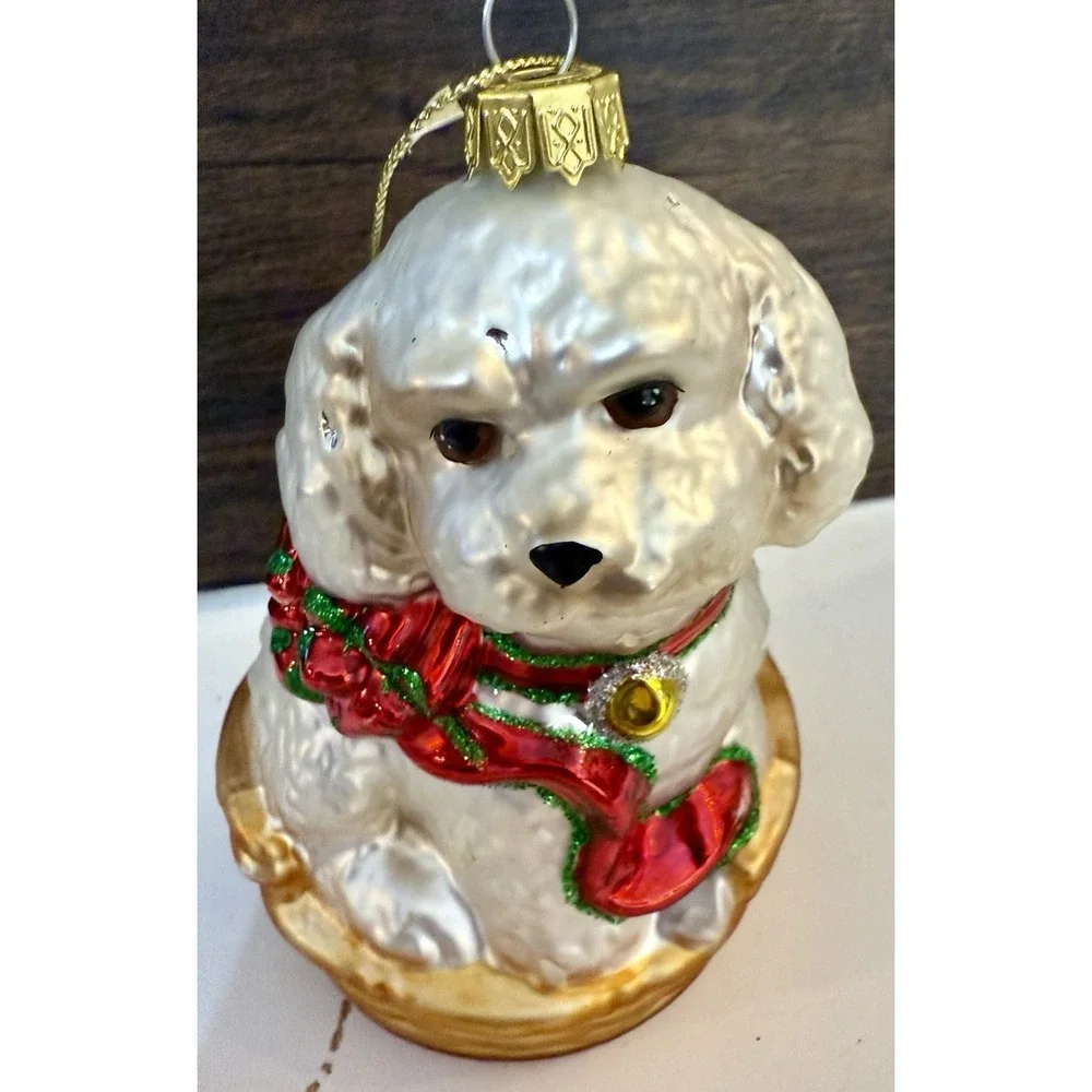 AMC Blown Glass Ornament Maltese Bichon Cockapoo White Puppy w Ribbon Basket IOB